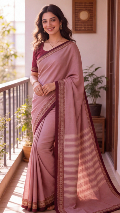 Narayanpet Saree - Onion Pink with Maroon Border - NPEQ011