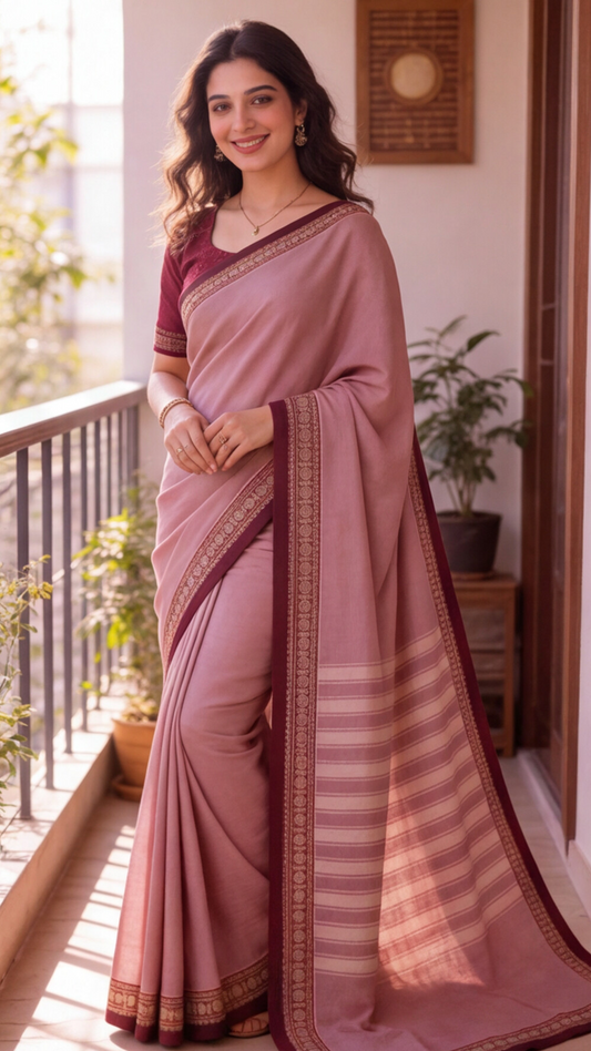 Narayanpet Saree - Onion Pink with Maroon Border