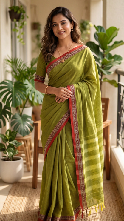 Narayanpet Saree - Parrot Green with Red Border