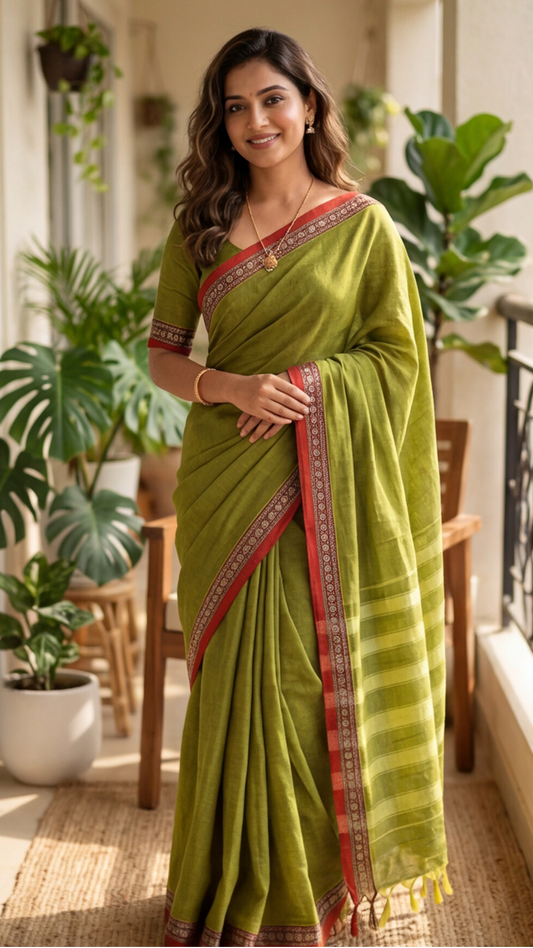 Narayanpet Saree - Parrot Green with Red Border