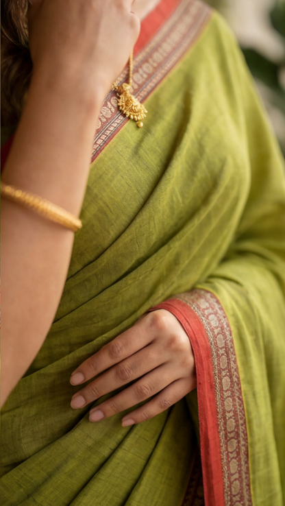 Narayanpet Saree - Parrot Green with Red Border