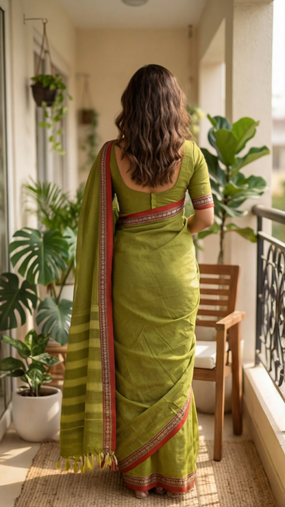 Narayanpet Saree - Parrot Green with Red Border