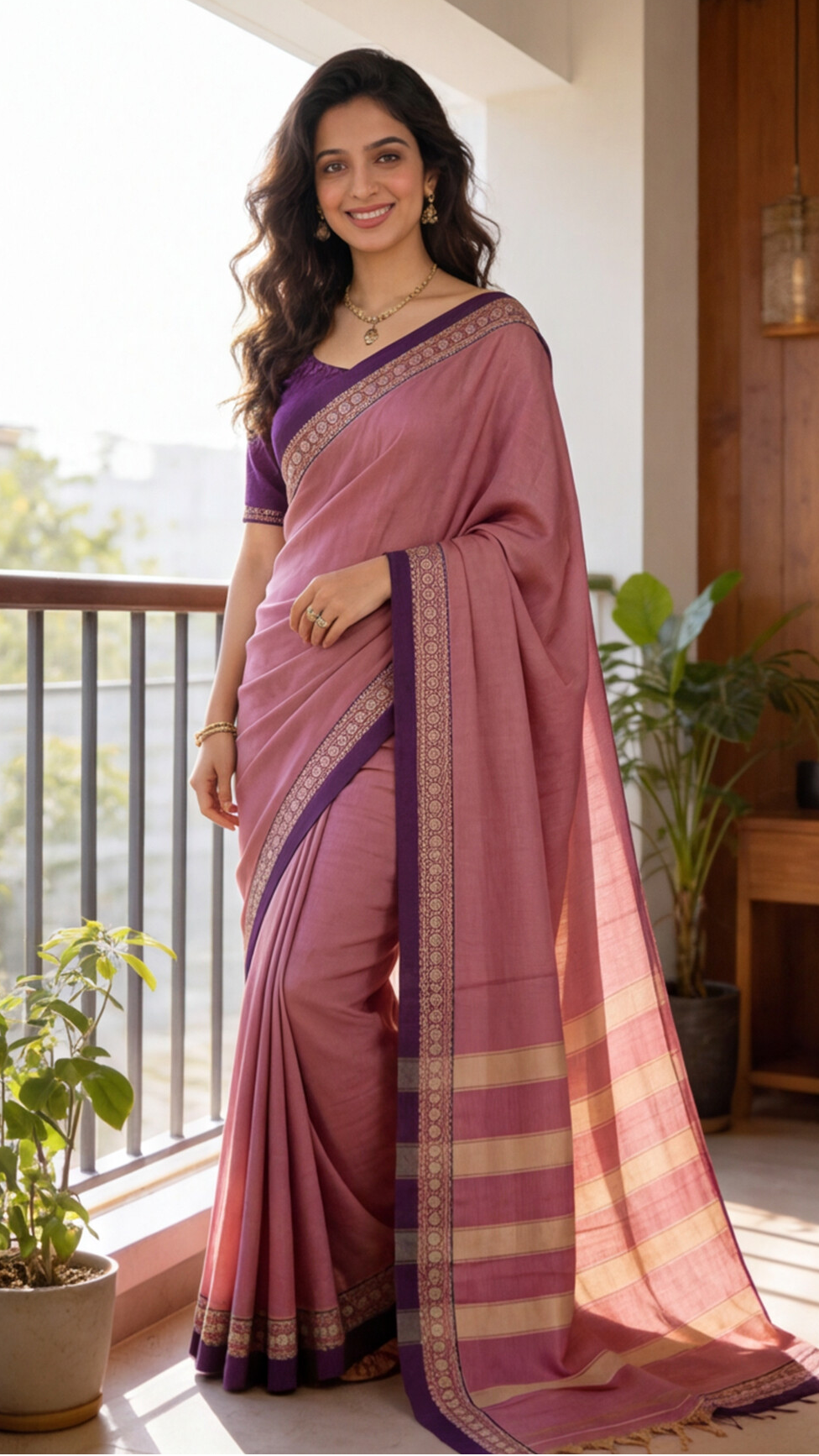 Narayanpet Saree - Pink with Purple Border - NPEQ013