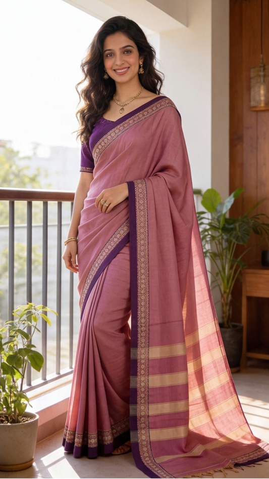 Narayanpet Saree - Pink with Purple Border