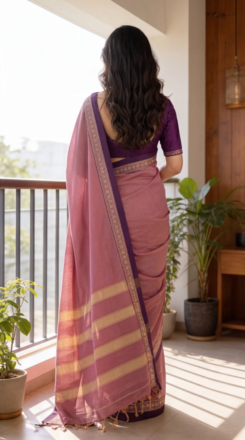 Narayanpet Saree - Pink with Purple Border - NPEQ013