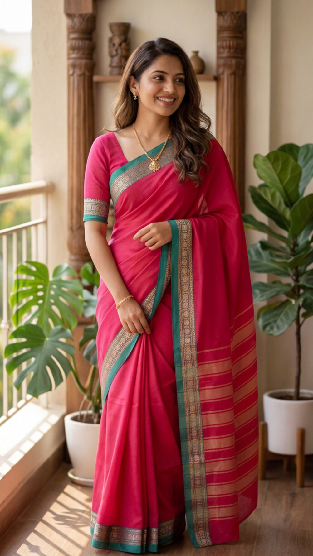 Narayanpet Saree - Rani Pink with Green Border - NPEQ016