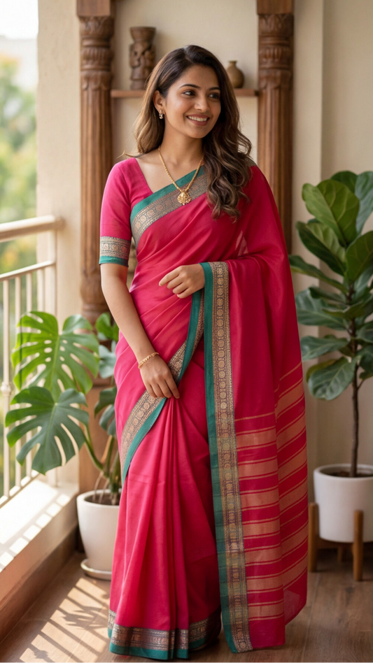 Narayanpet Saree - Rani Pink with Green Border