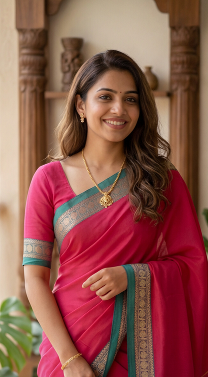 Narayanpet Saree - Rani Pink with Green Border - NPEQ016