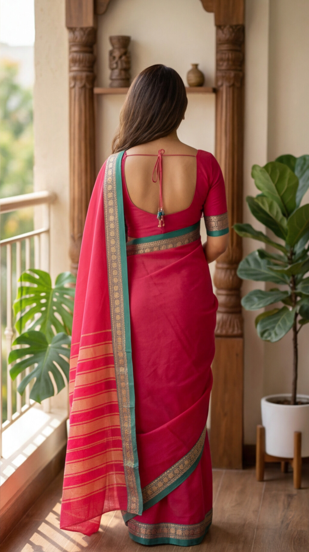 Narayanpet Saree - Rani Pink with Green Border - NPEQ016