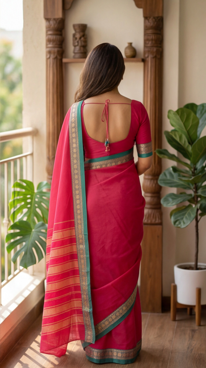 Narayanpet Saree - Rani Pink with Green Border - NPEQ016