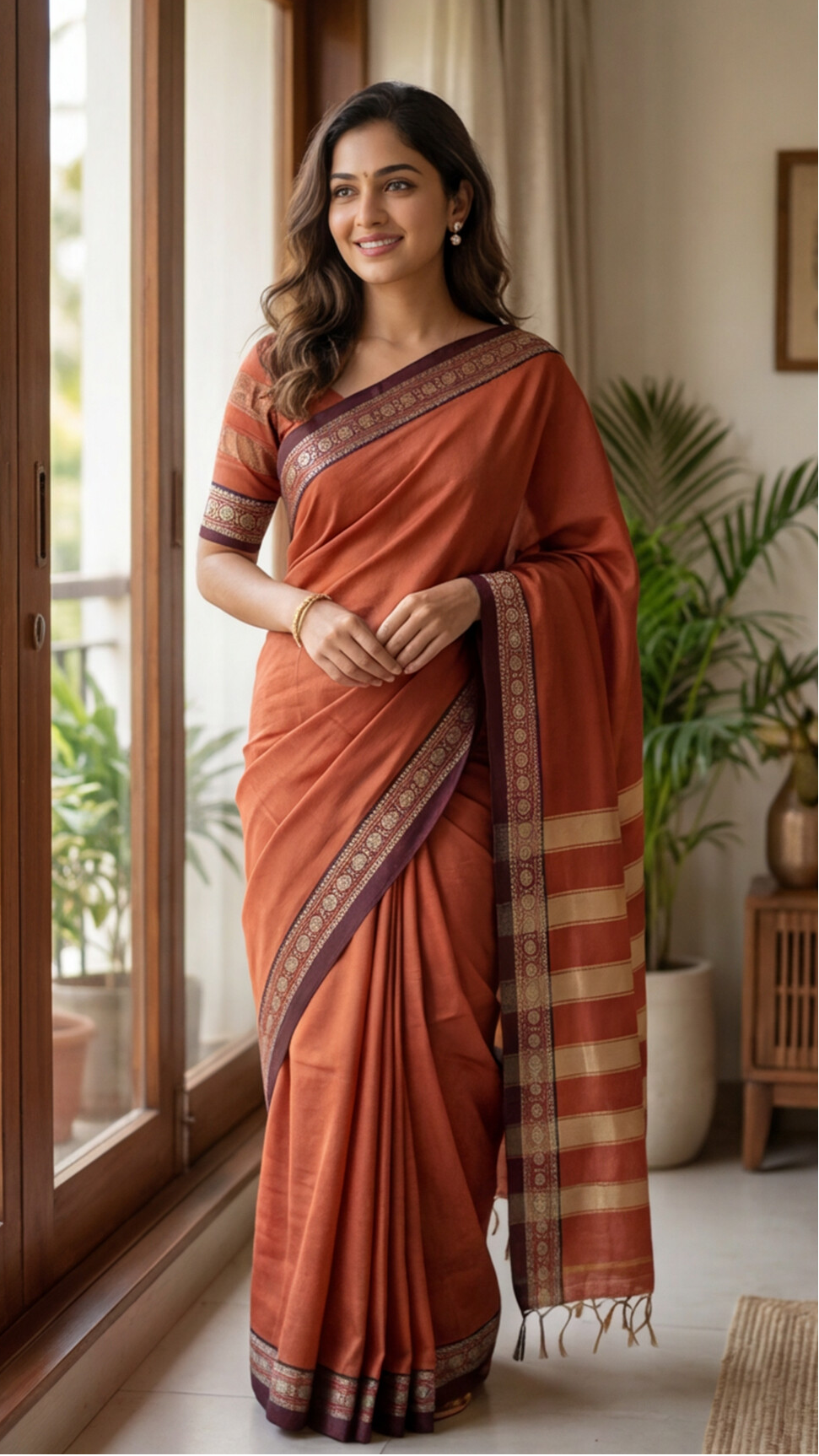 Narayanpet Saree - Rust Orange with Maroon Border - NPEQ007