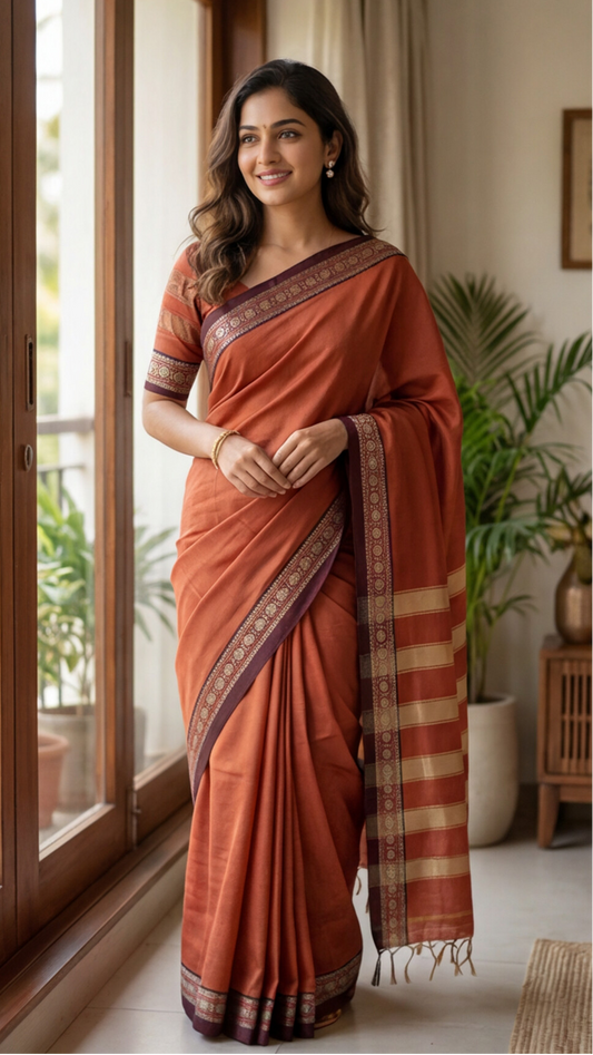 Narayanpet Saree - Rust Orange with Maroon Border