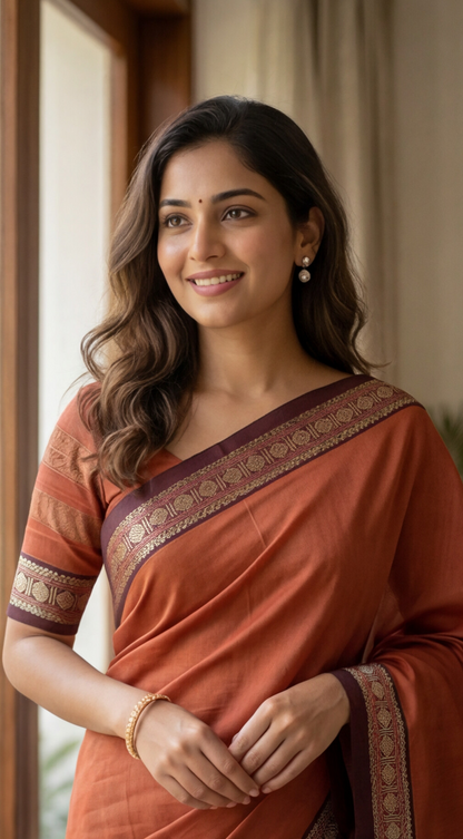 Narayanpet Saree - Rust Orange with Maroon Border - NPEQ007