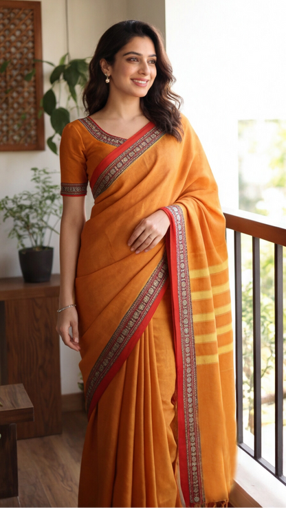 Narayanpet Saree - Yellow with Red Border - NPEQ009