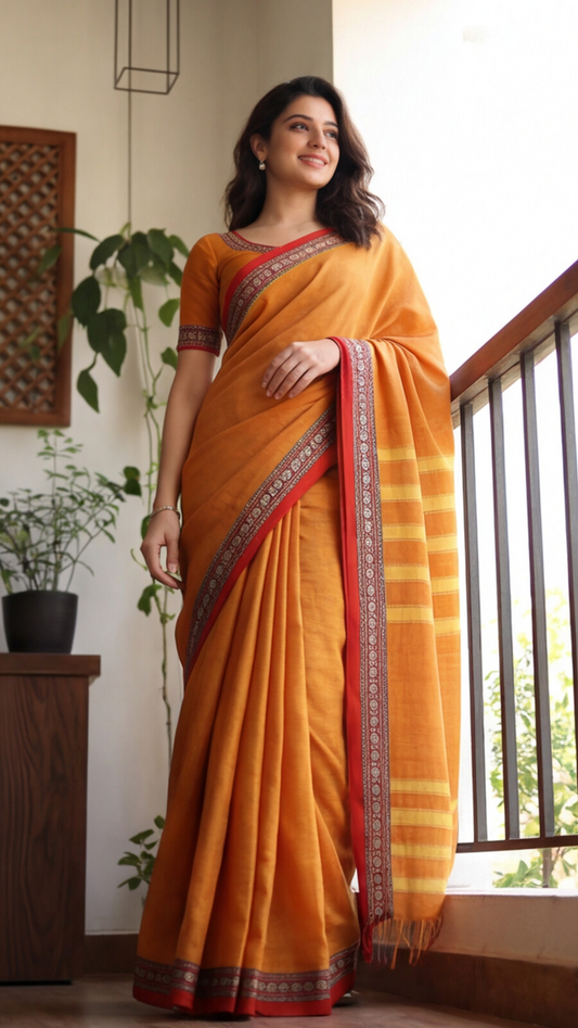 Narayanpet Saree - Yellow with Red Border