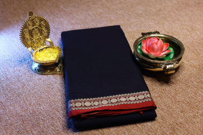 Narayanpet Saree - Navy Blue with Red Border