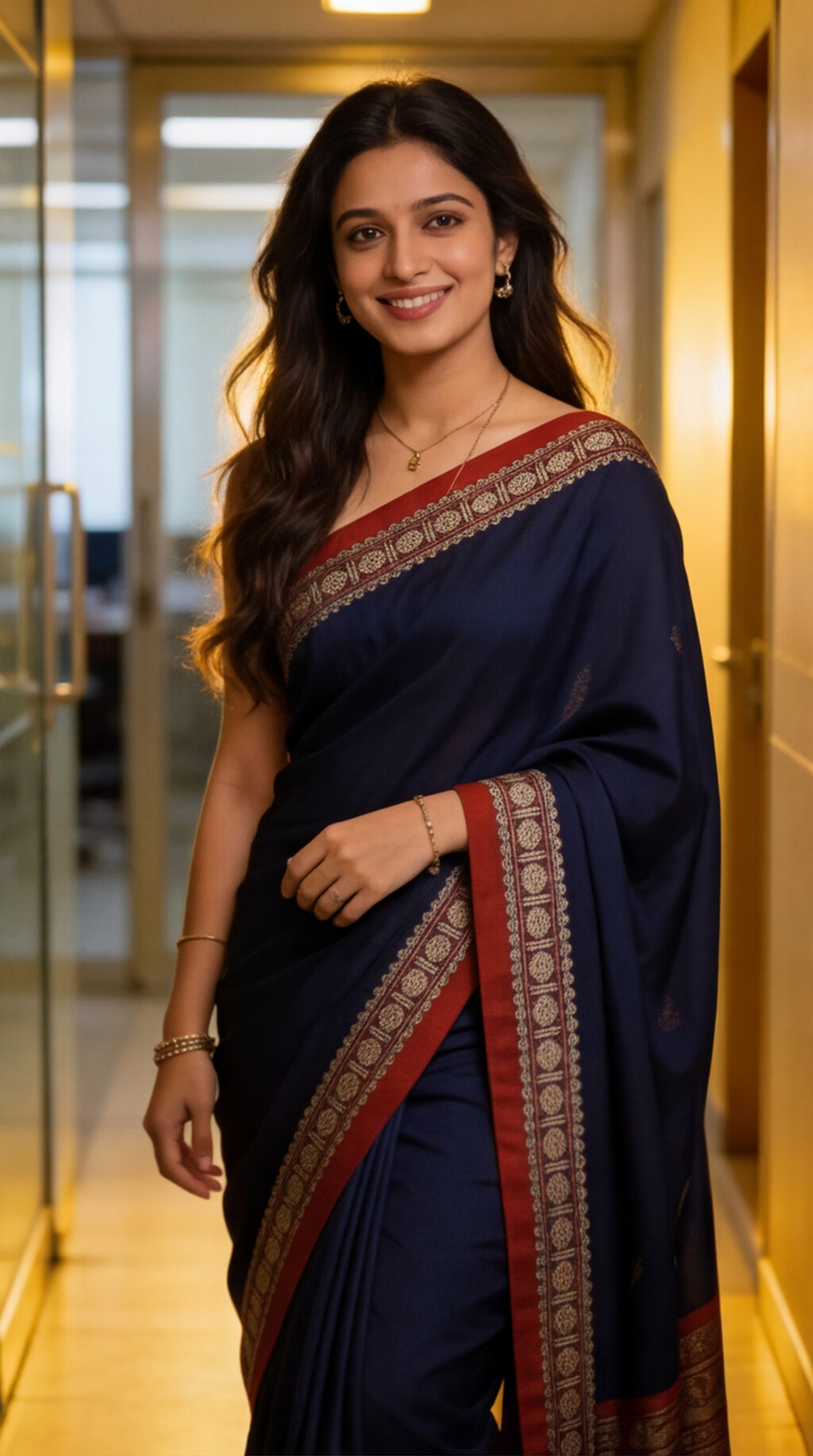 Narayanpet Saree - Navy Blue with Red Border