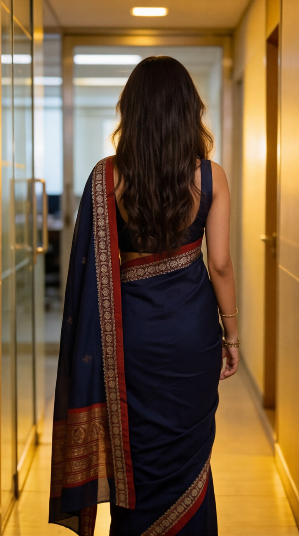 Narayanpet Saree - Navy Blue with Red Border