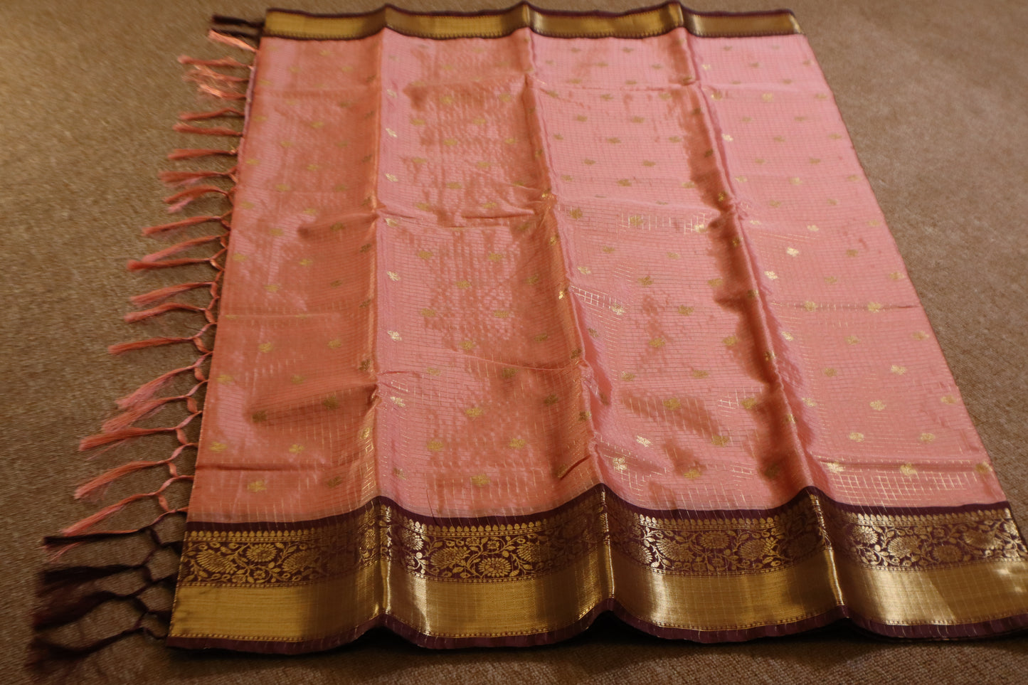 Semi Gadwal Saree - Pink with Maroon Border
