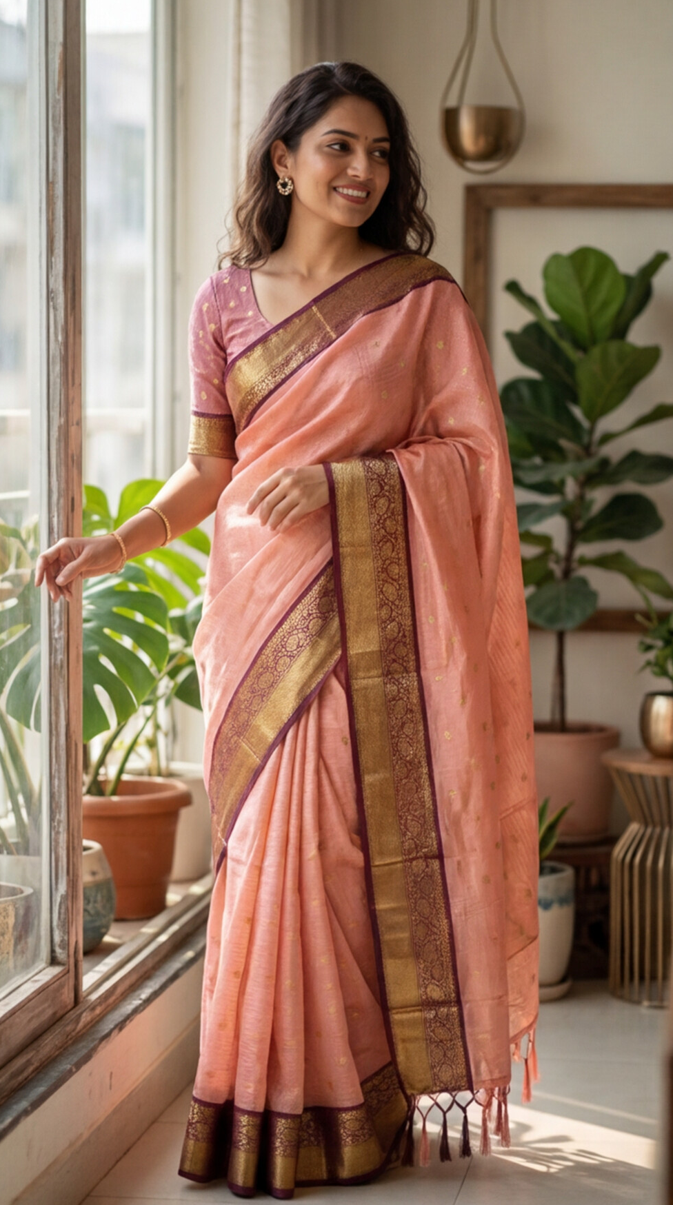 Semi Gadwal Saree - Pink with Maroon Border