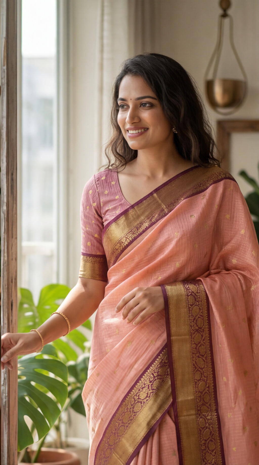 Semi Gadwal Saree - Pink with Maroon Border