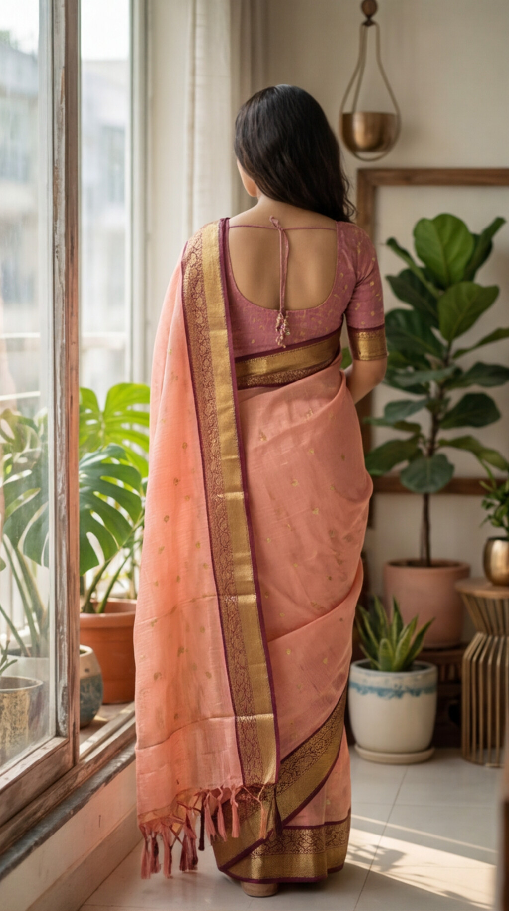 Semi Gadwal Saree - Pink with Maroon Border