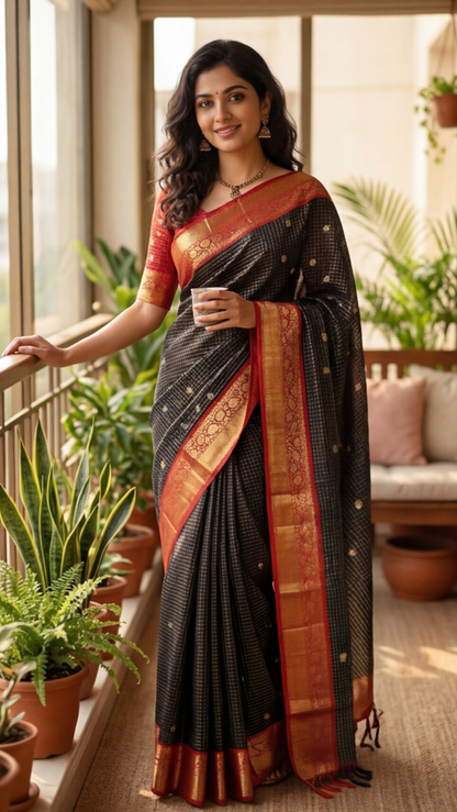 Semi Gadwal Saree - Black with Red Border