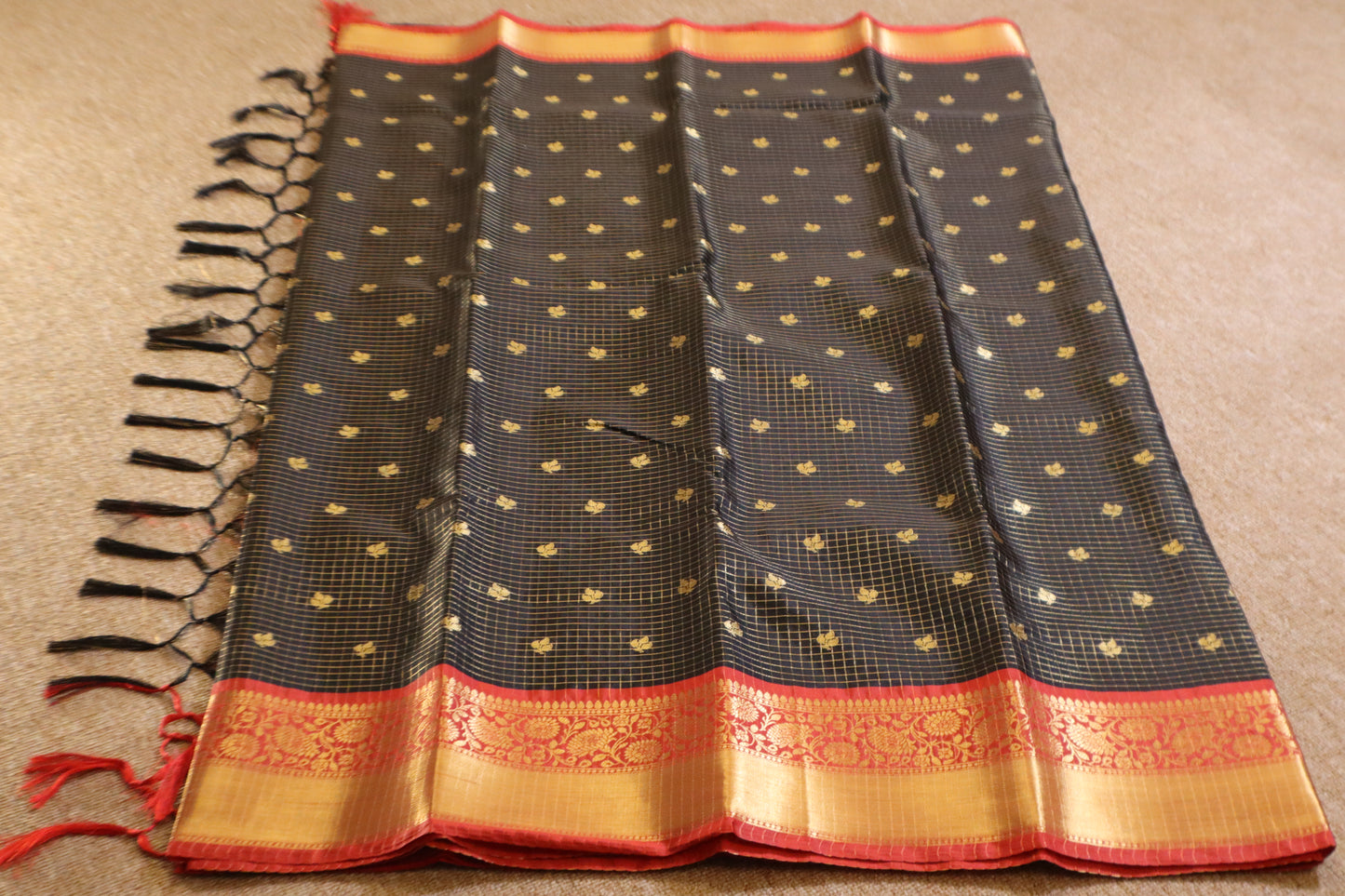Semi Gadwal Saree - Black with Red Border