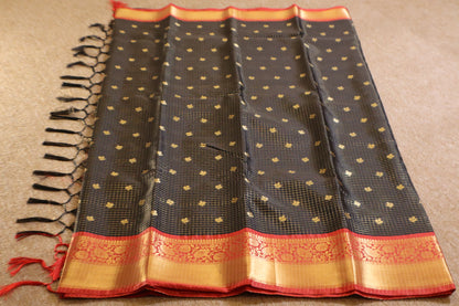 Semi Gadwal Saree - Black with Red Border