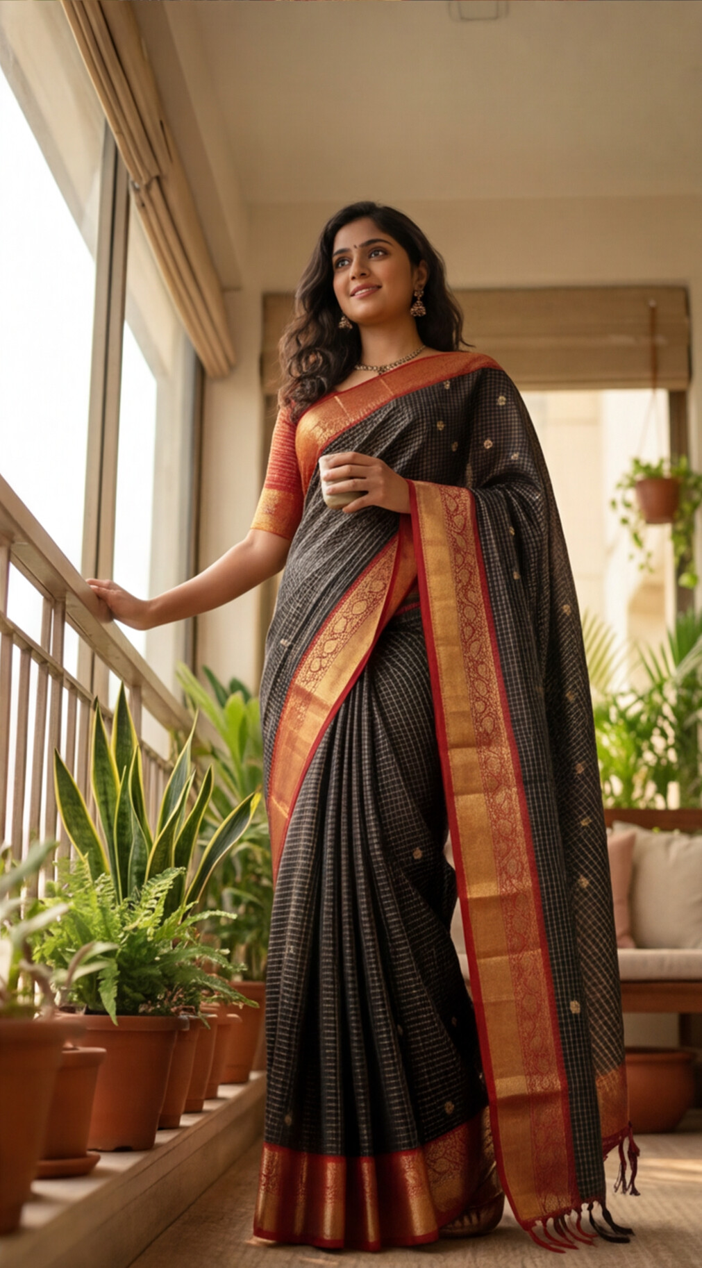 Semi Gadwal Saree - Black with Red Border