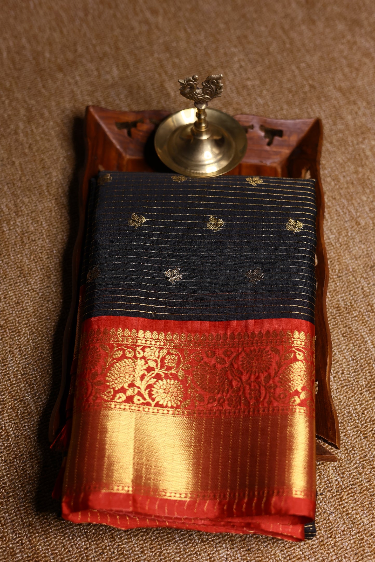 Semi Gadwal Saree - Black with Red Border