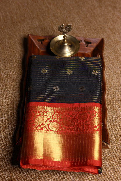 Semi Gadwal Saree - Black with Red Border