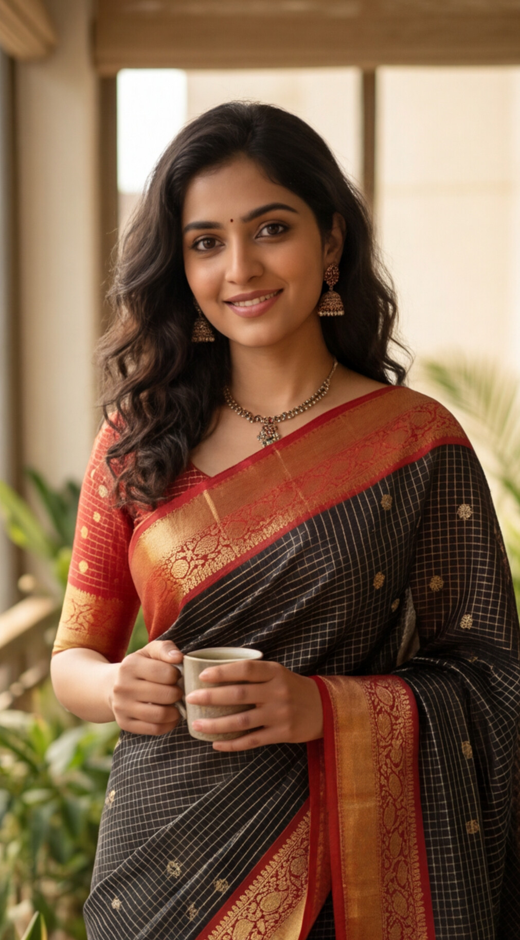 Semi Gadwal Saree - Black with Red Border