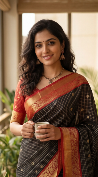 Semi Gadwal Saree - Black with Red Border