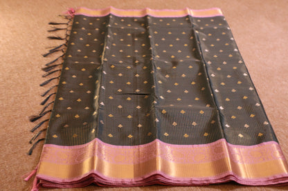 Semi Gadwal Saree - Dark Green with Pink Border
