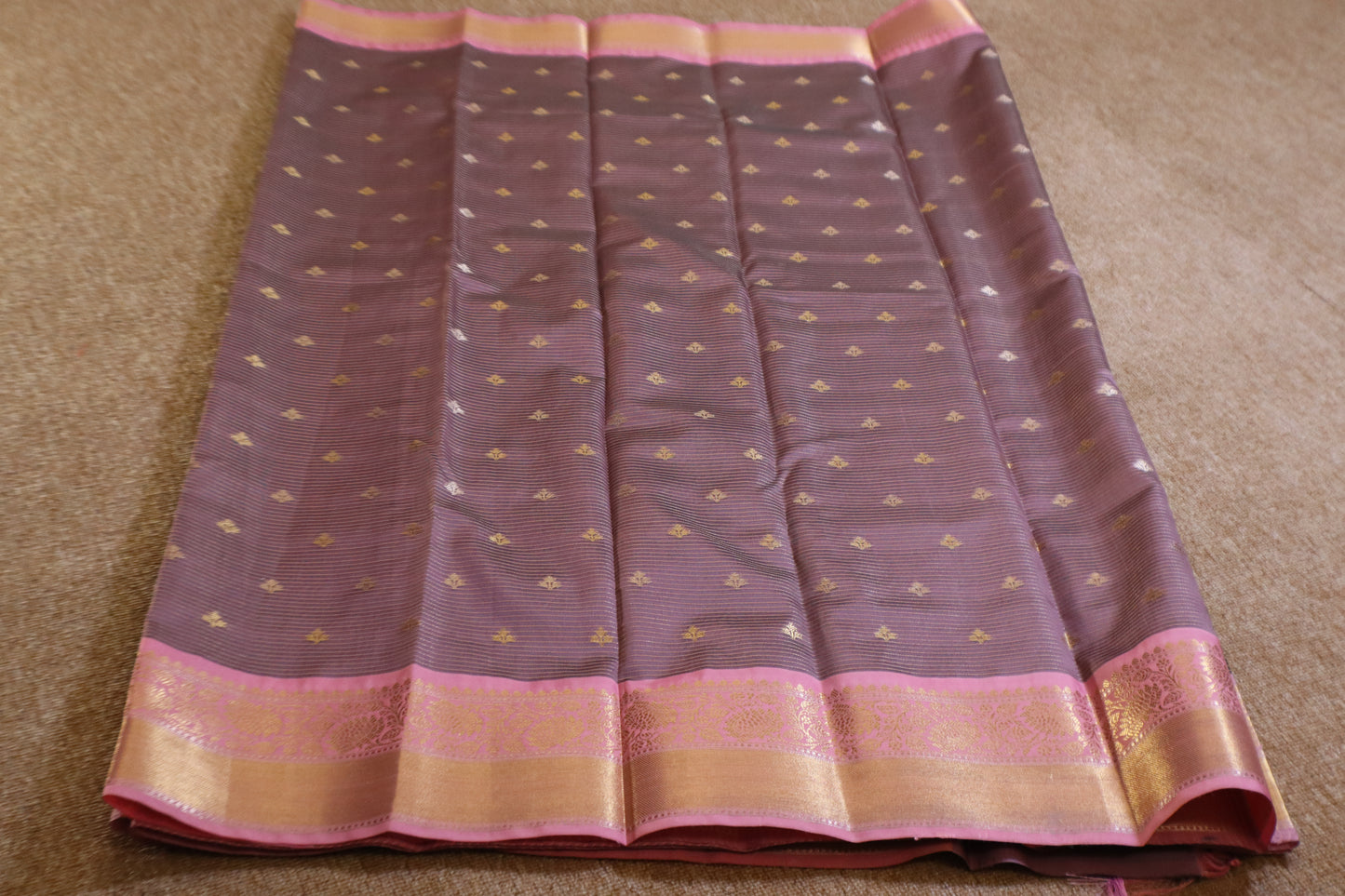 Semi Gadwal Saree - Dark Green with Pink Border