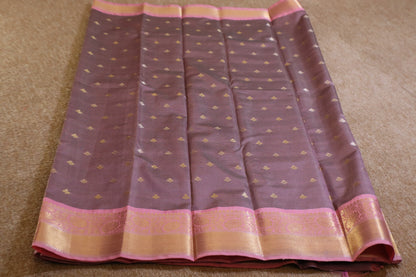 Semi Gadwal Saree - Dark Green with Pink Border