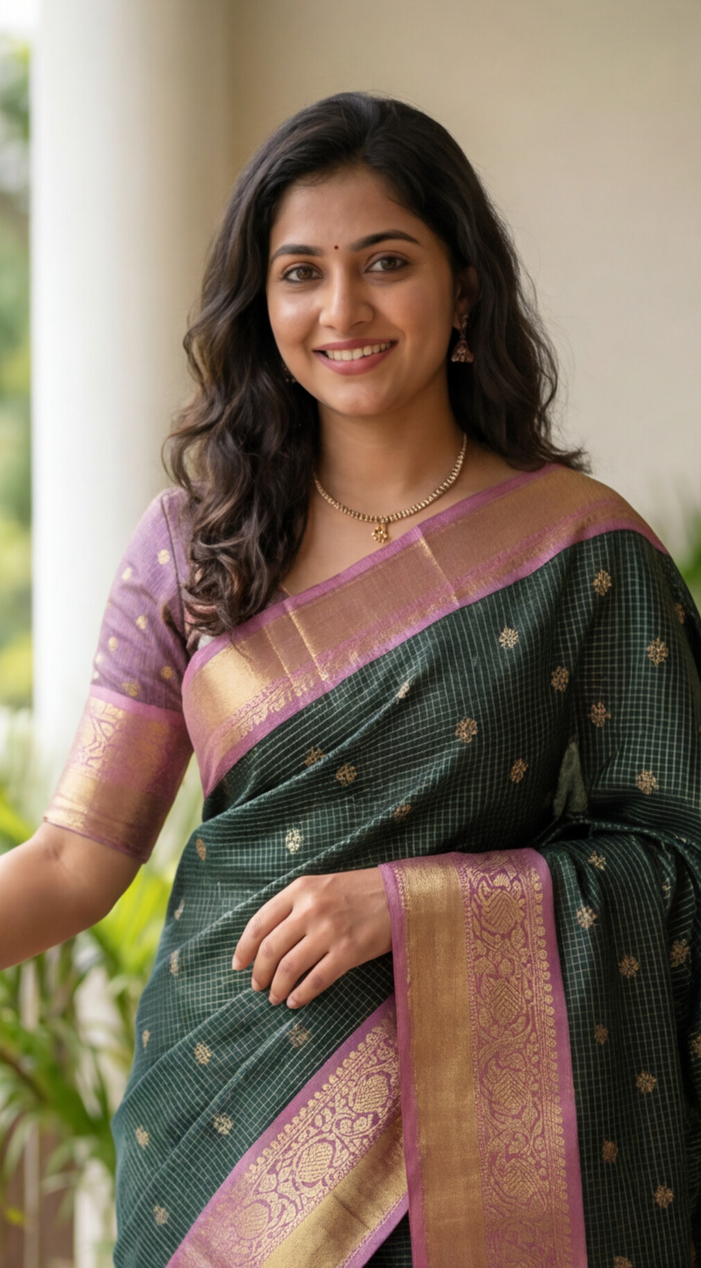 Semi Gadwal Saree - Dark Green with Pink Border
