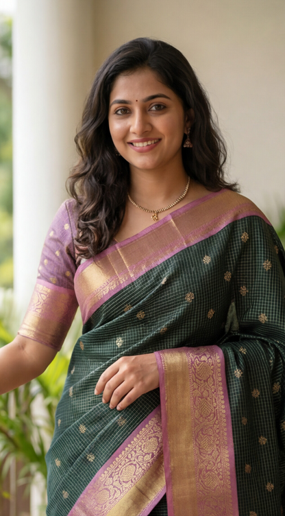 Semi Gadwal Saree - Dark Green with Pink Border