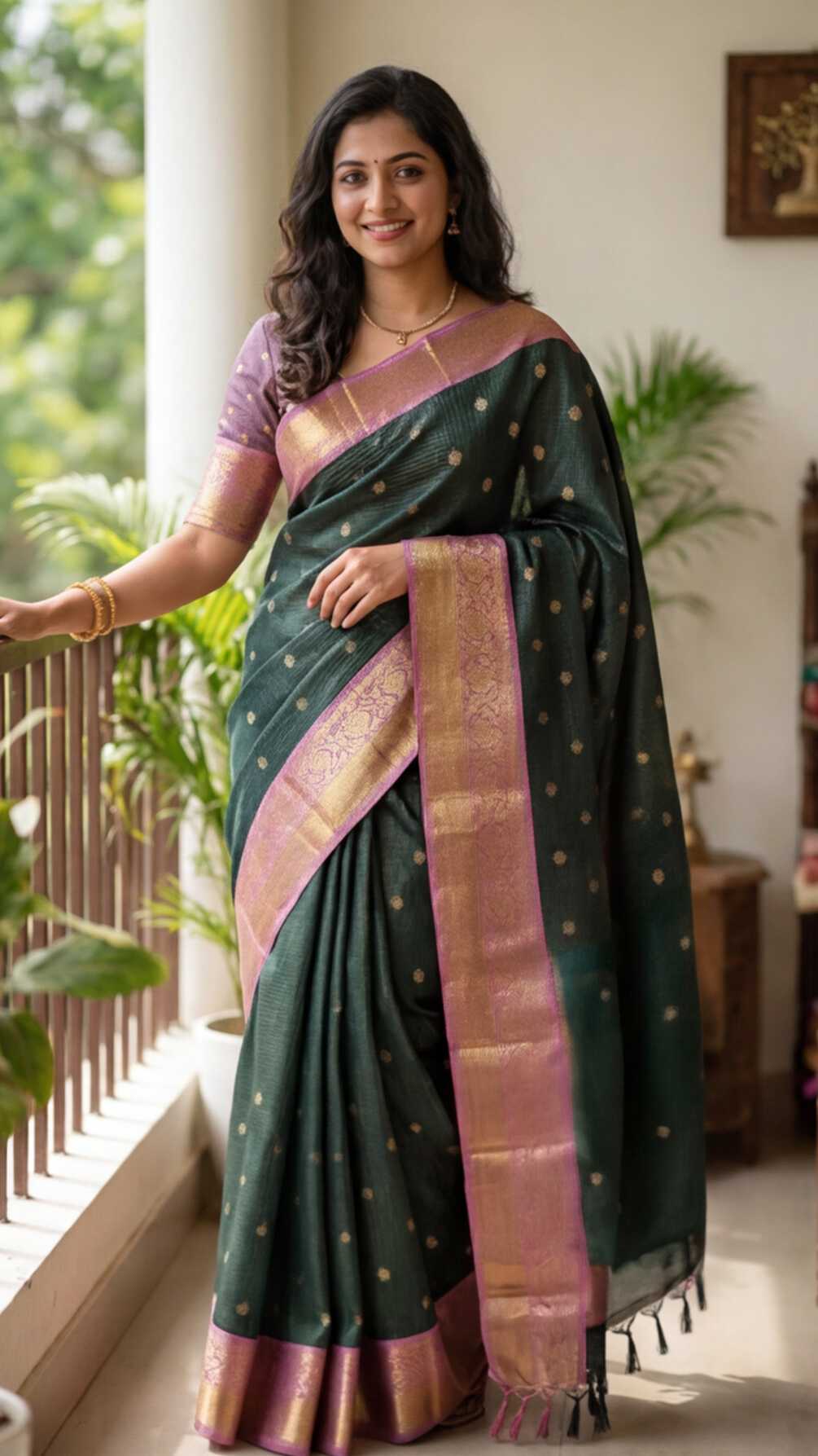Semi Gadwal Saree - Dark Green with Pink Border