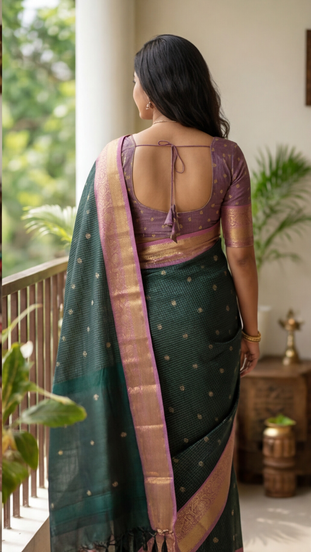 Semi Gadwal Saree - Dark Green with Pink Border