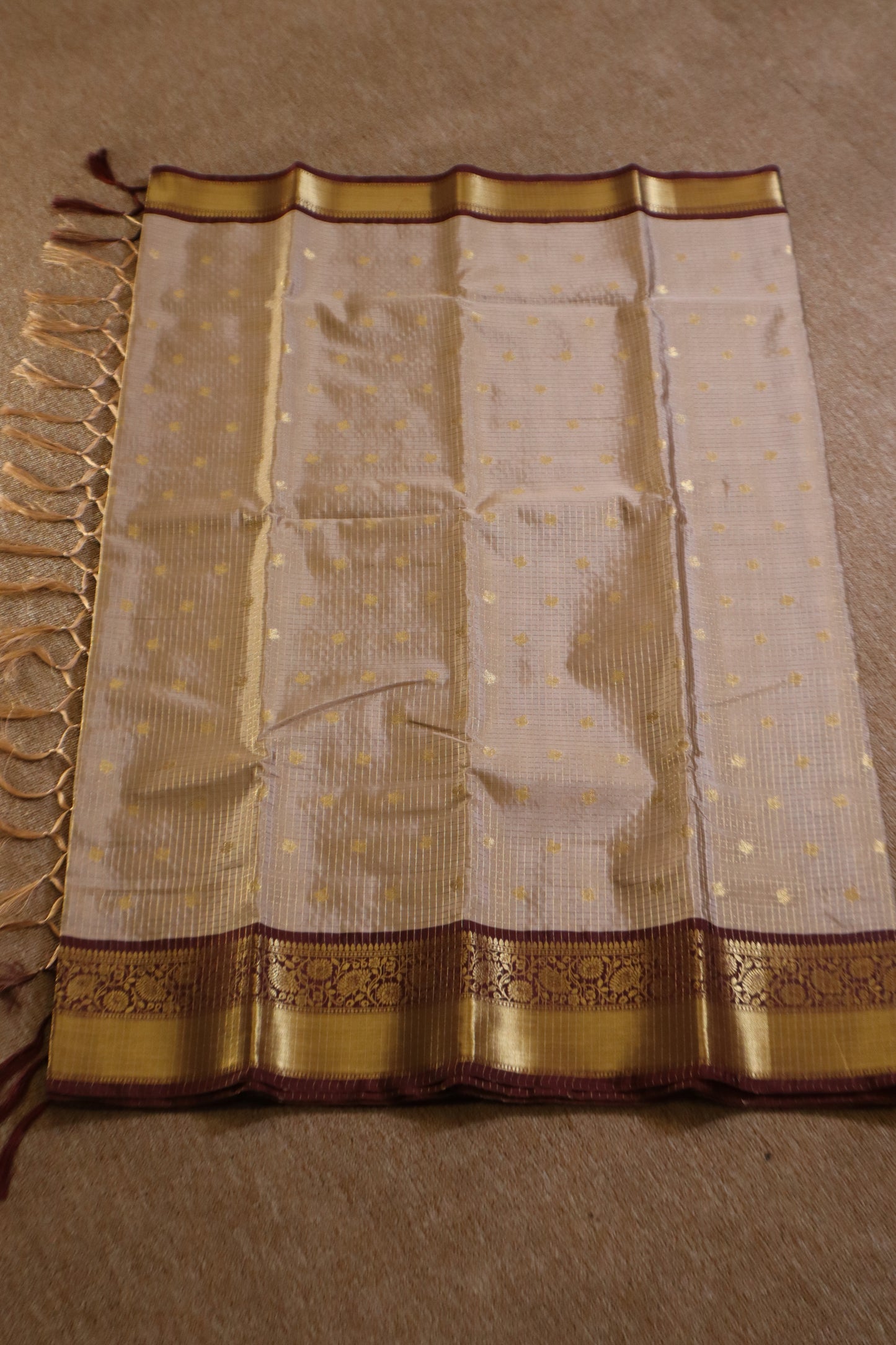 Semi Gadwal Saree - Light Grey with Maroon Border