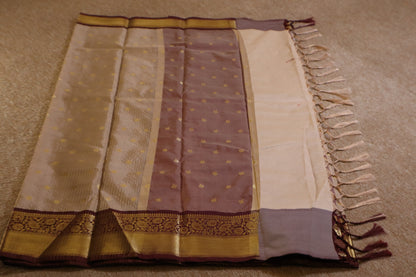 Semi Gadwal Saree - Light Grey with Maroon Border