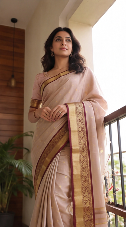 Semi Gadwal Saree - Light Grey with Maroon Border