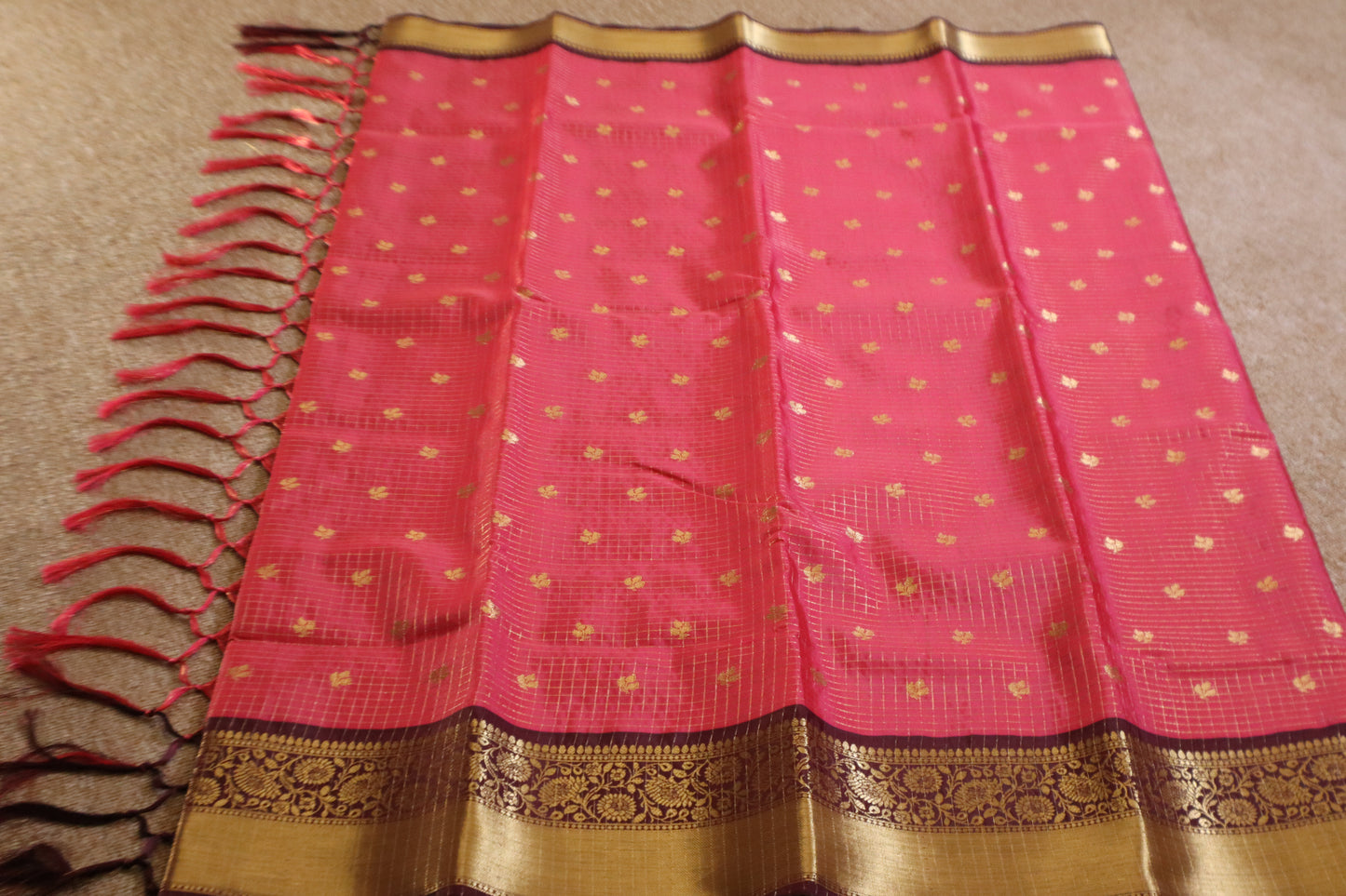 Semi Gadwal Saree - Rani Pink with Maroon Border