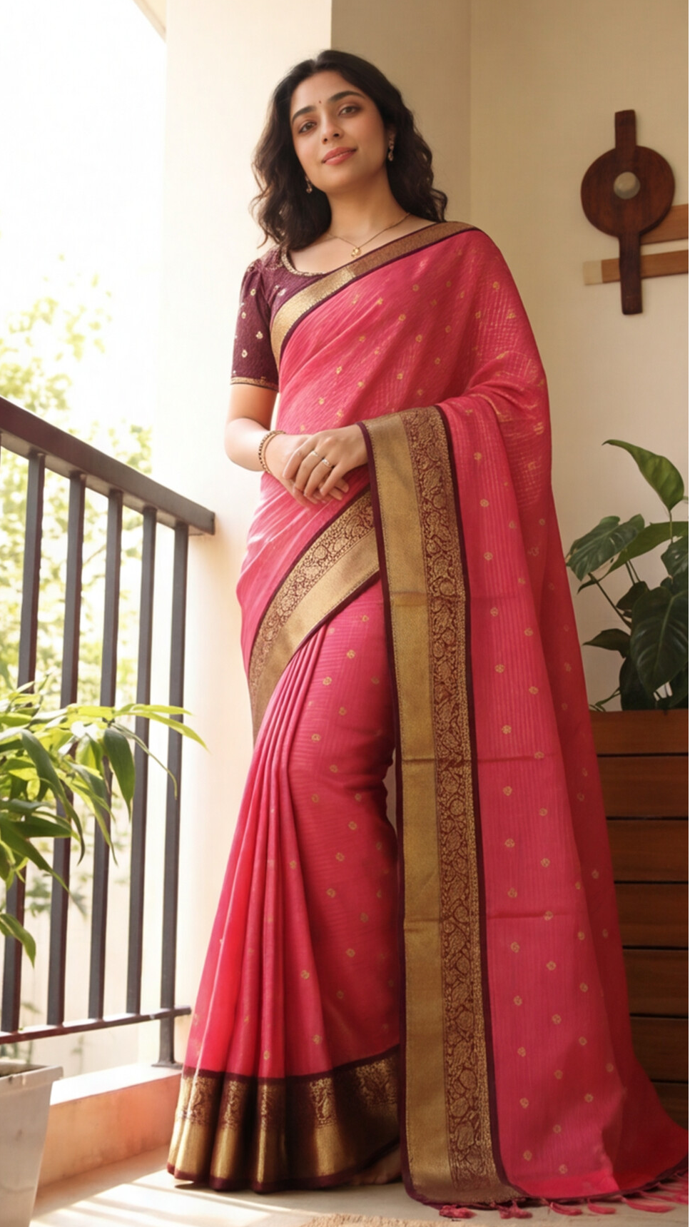 Semi Gadwal Saree - Rani Pink with Maroon Border