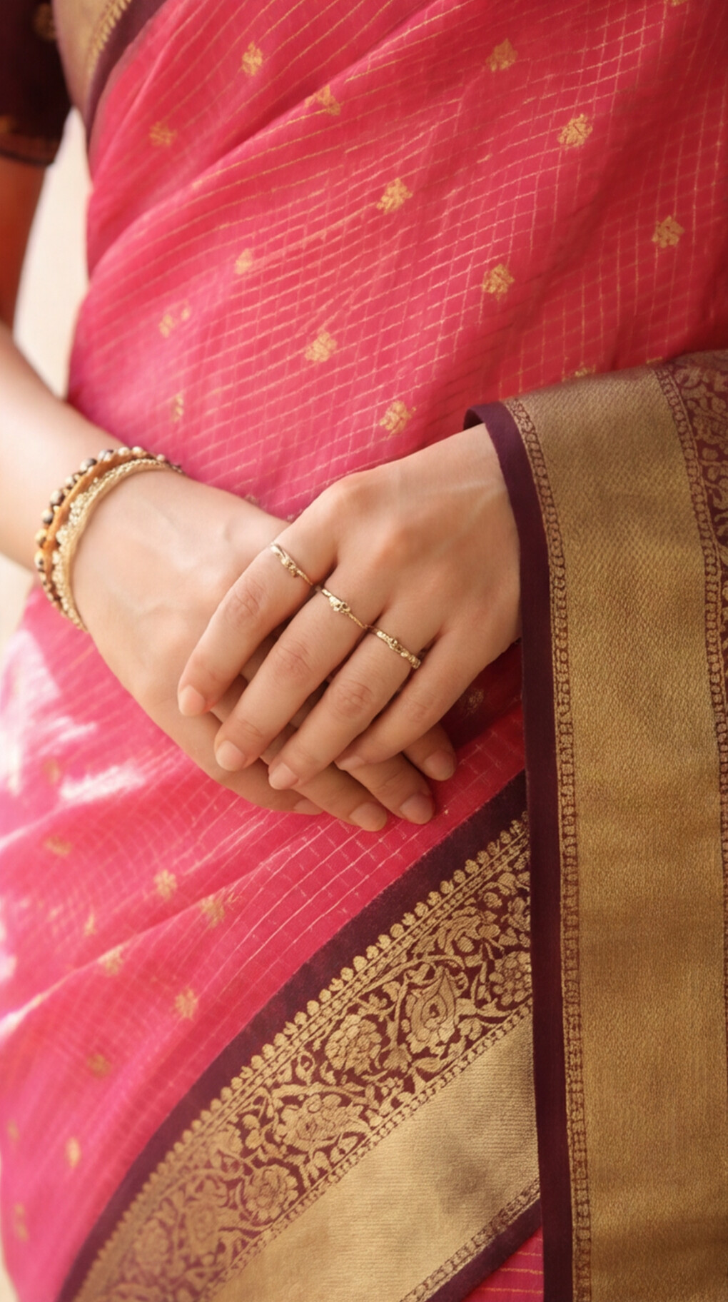 Semi Gadwal Saree - Rani Pink with Maroon Border