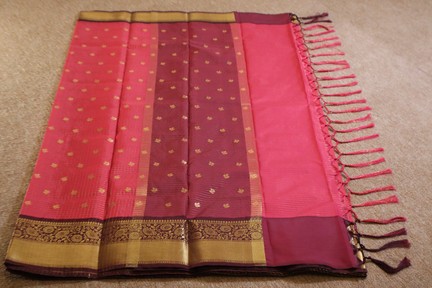 Semi Gadwal Saree - Rani Pink with Maroon Border