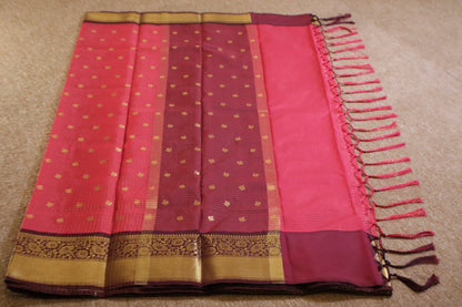 Semi Gadwal Saree - Rani Pink with Maroon Border