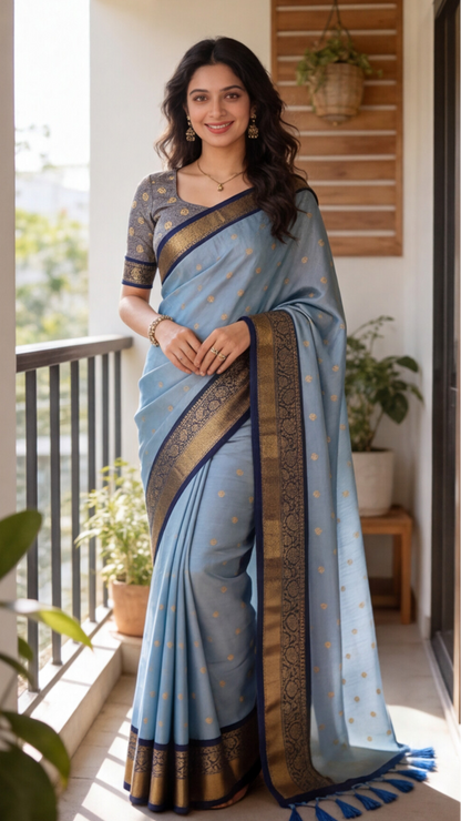 Semi Gadwal Saree - Sky blue with Navy Blue Border